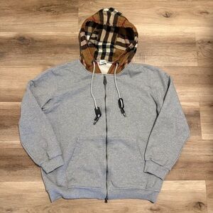 Burberry Men’s Zip-Up Hoodie XL Gray Nova Check Hood Double Zip Made in Italy